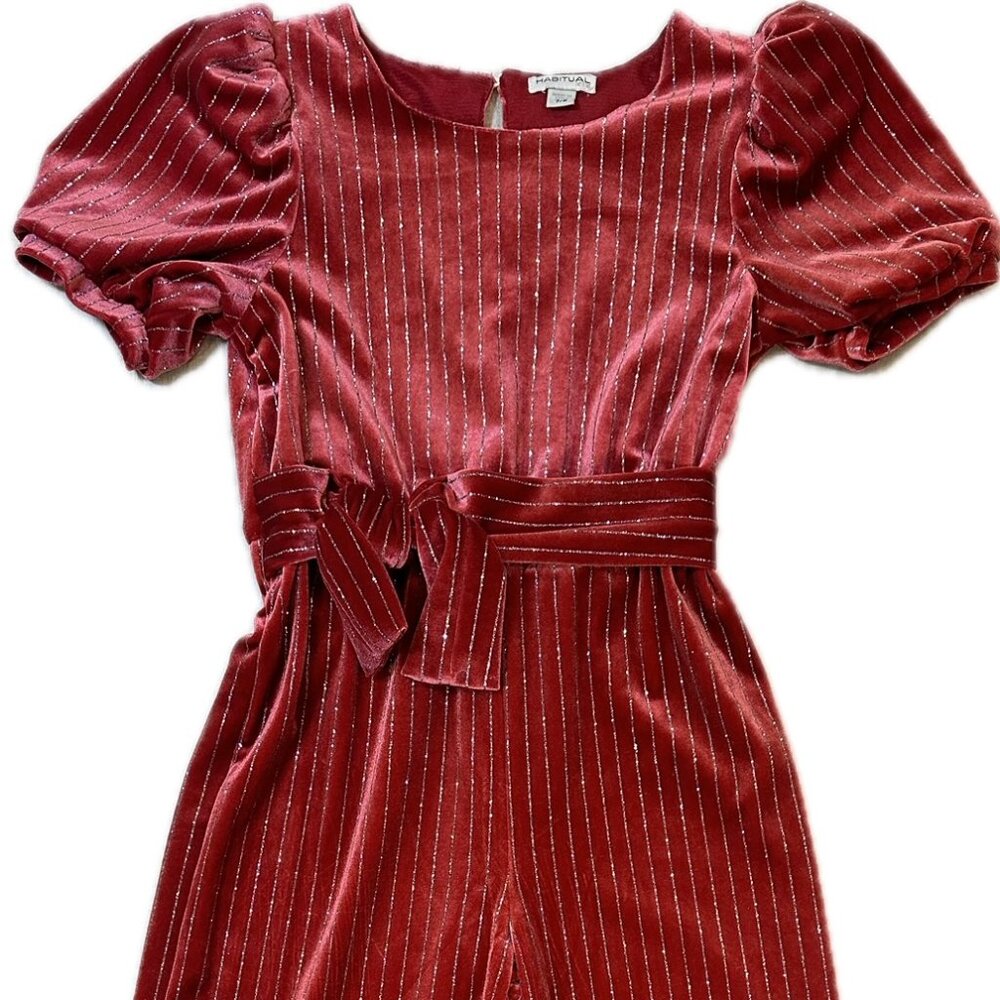 Habitual Kids Velvet Holiday Jumpsuit - Size 7/8, Burgundy with Silver Stripes